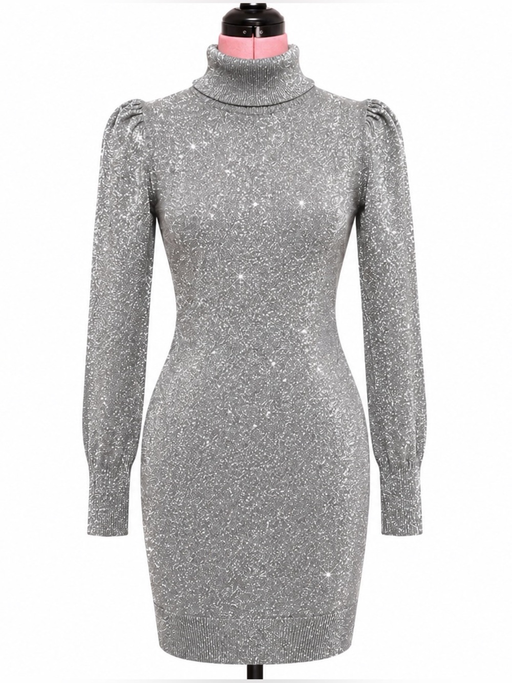 New York & Company Silver Sparkle Turtleneck Bodycon Dress